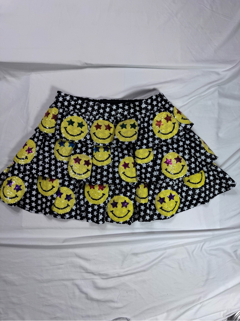 Queen of Sparkles Black Smiley Sequin Tiered Mini Skirt